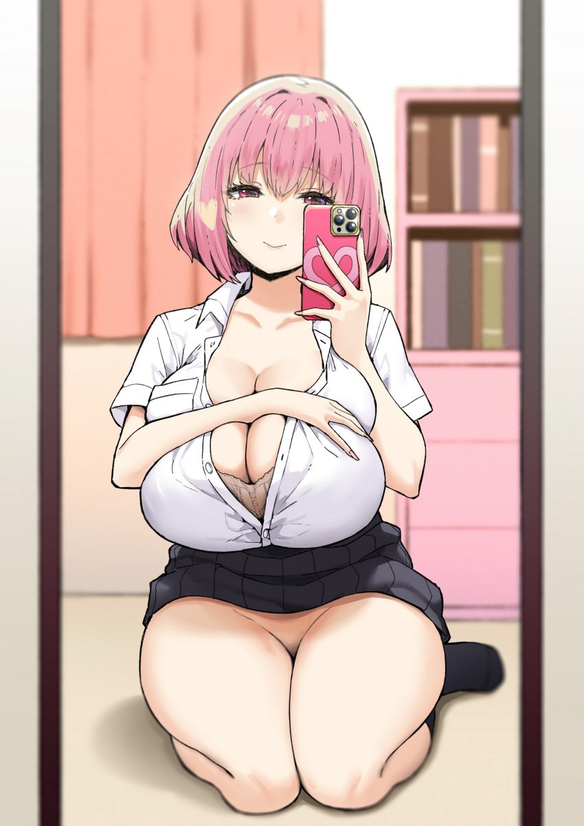 akane_(sky_(freedom)) black_skirt black_socks blurry blurry_background bob_cut bookshelf bottomless bra breasts brown_bra cellphone cleavage closed_mouth collarbone collared_shirt curtains dot_nose female fingernails highres holding holding_phone huge_breasts indoors joshi_kōsei_rich_thots lap light_blush lips long_fingernails looking_at_phone mirror nail_polish no_panties orange_curtains original partially_unbuttoned phone pink_eyes pink_hair pink_nails reflection seiza selfie shirt short_sleeves sitting skirt sky_(freedom) smartphone smile socks solo thighs unbuttoned unbuttoned_shirt underwear white_shirt