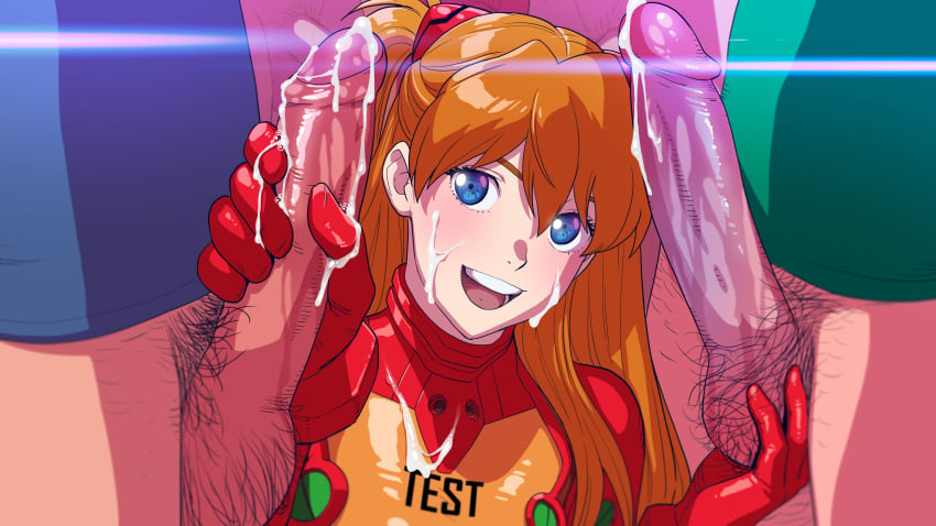 16:9_aspect_ratio 1girls 4boys asuka_langley_sohryu blue_eyes bodysuit brown_hair clothing cum erection eyelashes eyeliner facial female female_focus foreskin gloves groping hair_ornament high_resolution large_penis light-skinned light-skinned_female long_hair makeup male male_pubic_hair multiple_boys neon_genesis_evangelion open-mouth_smile open_mouth orange_bodysuit penis penis_grab plugsuit pubic_hair red_bodysuit red_gloves semen semen_on_clothes semen_on_hands semen_on_penis shiny shiny_clothes shiny_hair shiny_skin smile straight tekoki tekuho testicle_grab testicles two-tone_bodysuit uncensored upper_body very_high_resolution