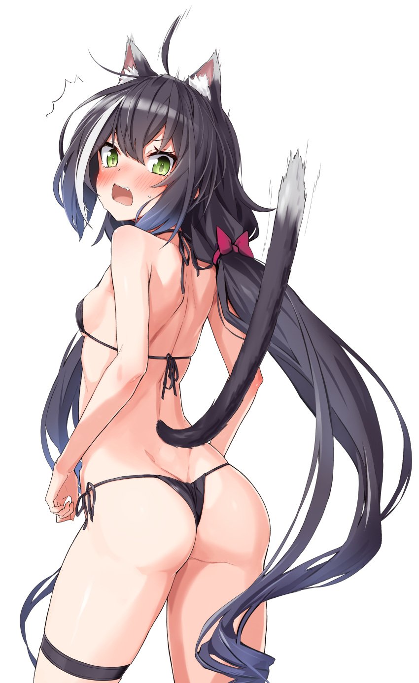 1girls ass bikini black_hair blush cat_ears cat_tail green_eyes karyl_(princess_connect!) kyaru_(princess_connect) long_hair open_mouth princess_connect!_re:dive solo startled tagme takanashi_kei_(hitsujikan) white_hair