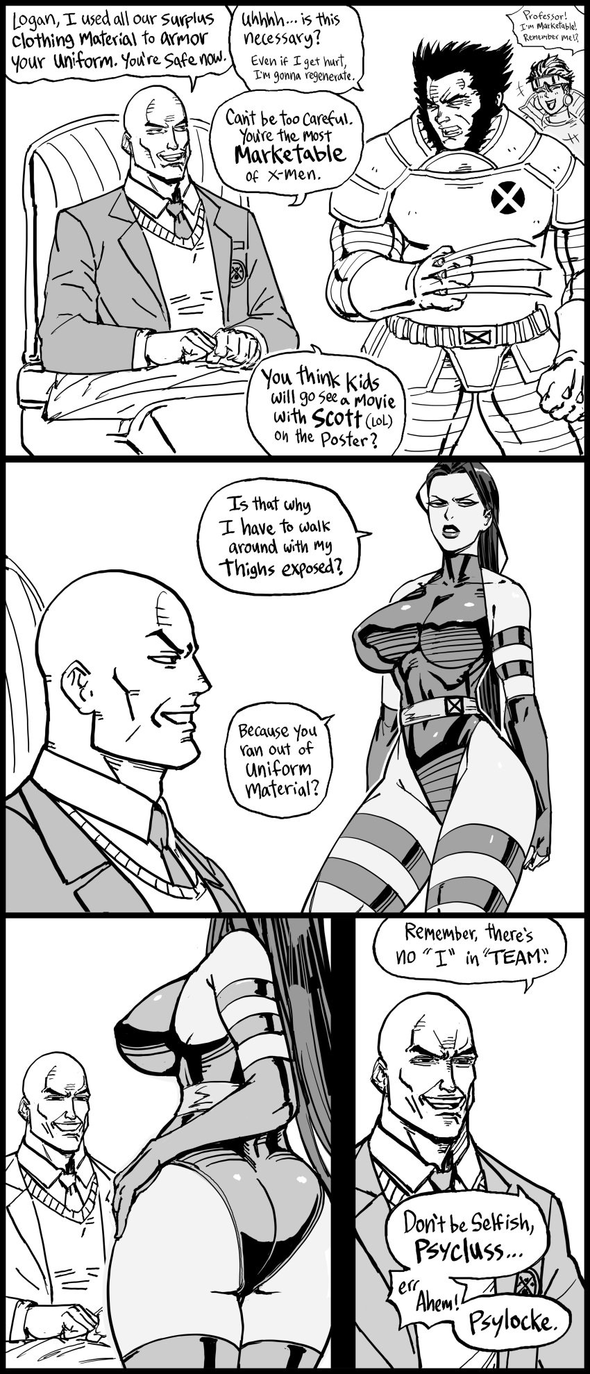 2boys 2girls absurd_res annoyed ass bb_(baalbuddy) black_and_white blush breasts dialogue earrings english_text funny huge_breasts jubilee long_hair marvel marvel_comics monochrome nipple_bulge professor_xavier psylocke short_hair smile speech_bubble tagme thick_thighs three_panels white_background wolverine_(x-men) x-men