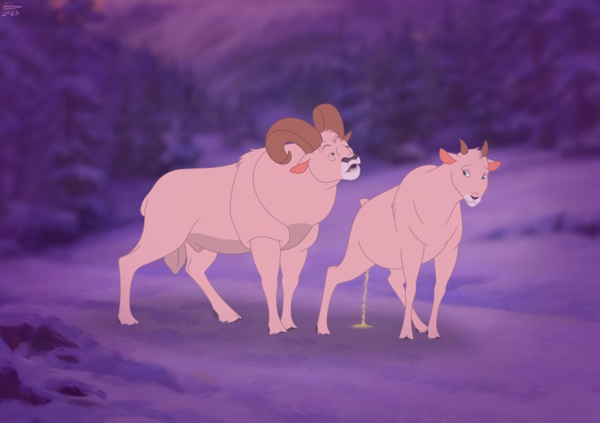 2003 anatomically_correct anatomically_correct_genitalia animal_genitalia balls bodily_fluids bovid brother_bear caprine cloven_hooves digital_drawing_(artwork) digital_media_(artwork) disney duo female feral feral_only flehmen_response fully_sheathed fur genital_fluids genitals hi_res hooves horn in_heat lemon_testicles male male/female mammal nude open_mouth ovine_genitalia ovis peeing quadruped reinderworld rutting sheath sheep sniffing twisted_horn twisted_horns urine urine_on_ground urine_stream watersports white_body white_fur