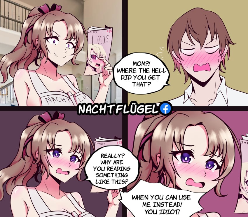 1boy 1boy1girl 1girls absurd_res big_breasts blush brown_hair crazy_eyes do_you_love_your_mom_and_her_two-hit_multi-target_attacks? english_text hi_res implied_incest incest mother_and_son nachtflügel naked_apron older_female older_woman_and_younger_boy oosuki_mamako oosuki_masato ponytail pornography purple_eyes speech_bubble text tsuujou_kougeki_ga_zentai_kougeki_de_ni-kai_kougeki_no_okaasan_wa_suki_desu_ka? white_skin younger_male