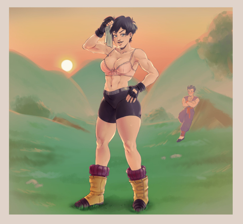 black_hair blue_eyes blush boots bra cheri_ls dragon_ball dragon_ball_z fingerless_gloves grass medium_hair short_hair shorts son_gohan tagme towel videl workout