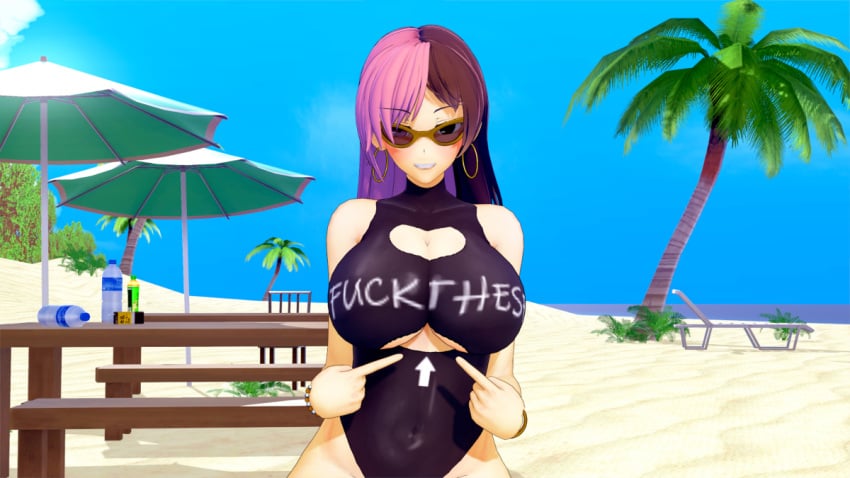 cleavage_cutout cutout extremesoda fuck-me_shirt fuck_me_(text) koikatsu neo_(rwby) one-piece_swimsuit rwby swimsuit tagme text_on_clothing