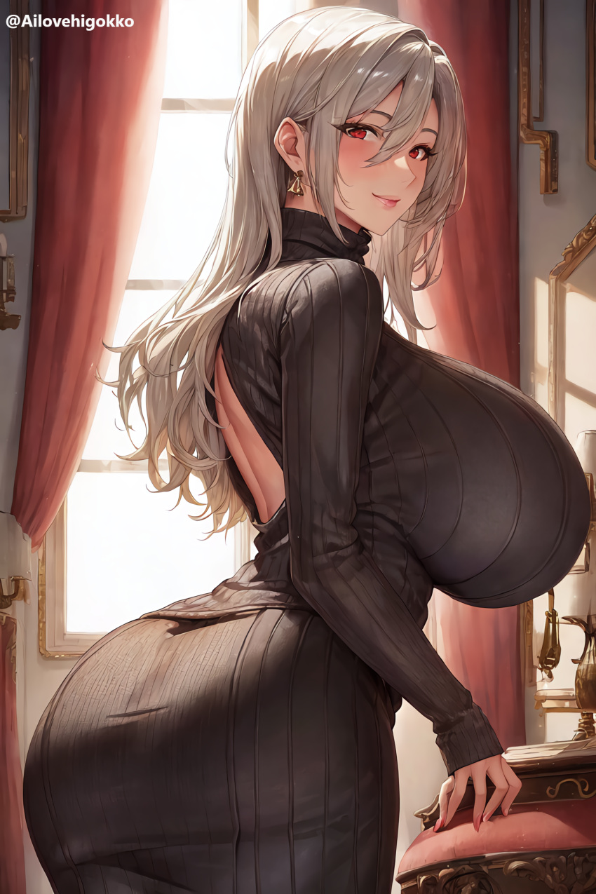 ai_generated ai_love_higokko boobs_and_butt_pose breasts dat_ass dumptruck_ass earrings female hi_res hips holaraai huge_breasts light-skinned_female light_hair light_skin lipstick mature_female milf original original_character profile profile_view red_eyes side_view silver_hair smile thick_thighs voluptuous white_hair wide_hips