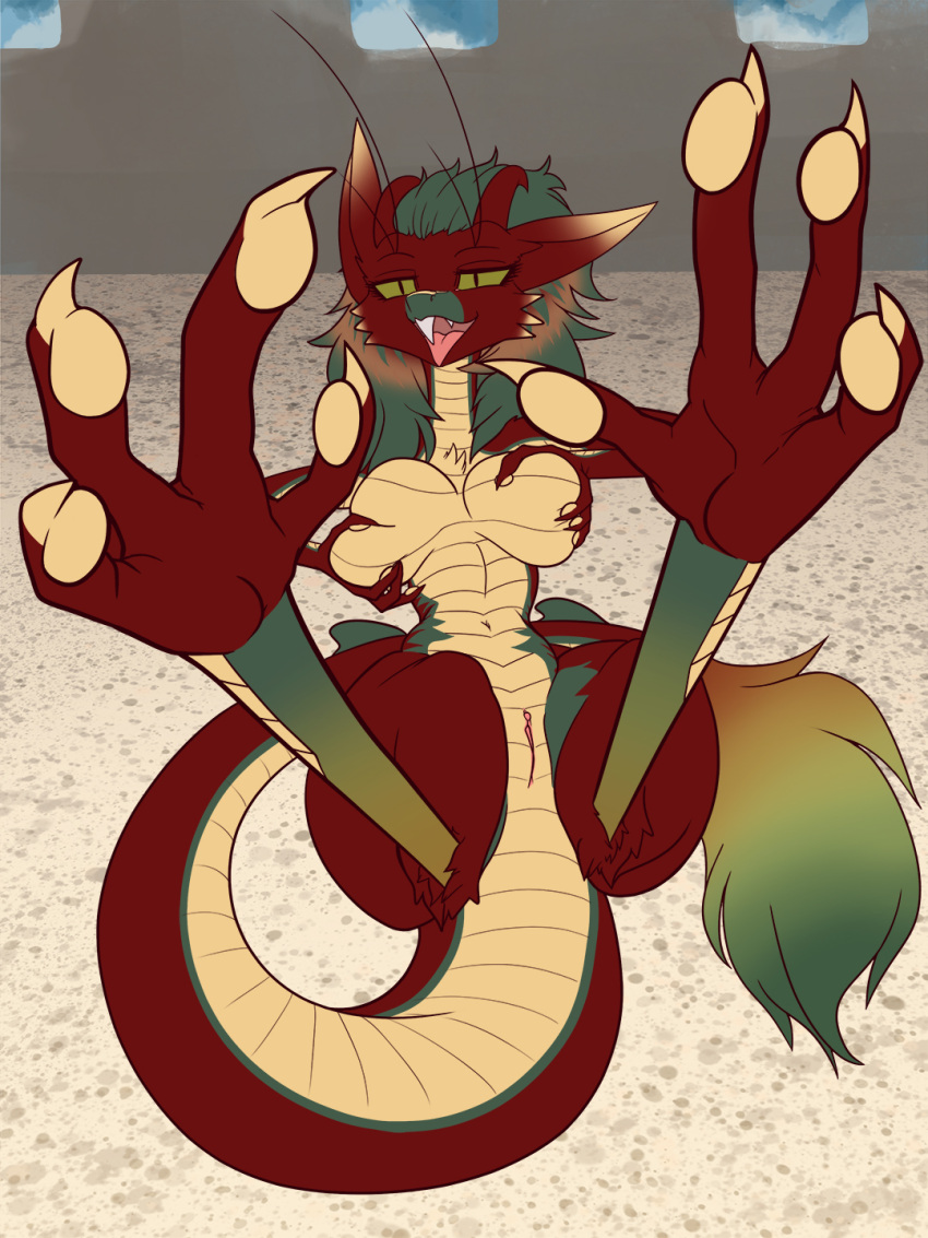 2023 anthro breasts digital_media_(artwork) drako_(drakoflame2) female general-irrelevant genitals green_body hand_on_breast hi_res horn kobold mammal nude open_mouth out-of-placers pussy red_body scalie smile solo tail toepads webcomic yinglet