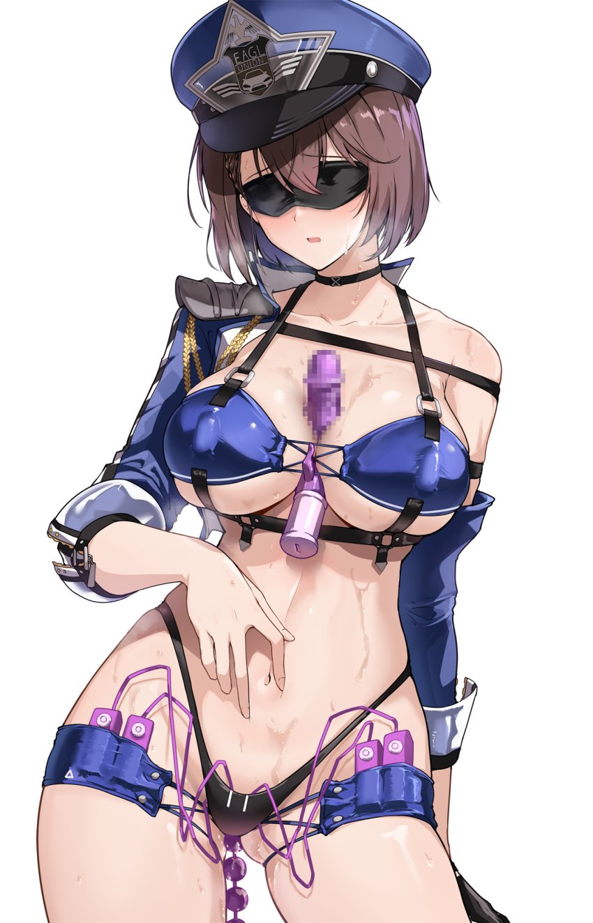 anal_beads azur_lane baltimore_(azur_lane) baltimore_(finish_line_flagbearer)_(azur_lane) bangs between_breasts bikini black_bikini black_gloves blindfold blue_bikini blue_headwear blue_jacket blush breasts brown_hair cable censored character_name choker cleavage collarbone cropped_jacket dildo female flag gloves grin halcon harukon_(halcon) highleg highleg_bikini highres jacket large_breasts long_sleeves micro_shorts mismatched_bikini mosaic_censoring navel object_insertion official_alternate_costume open_mouth race_queen remote_control_vibrator sex_toy short_hair shorts single_glove sky smile solo swimsuit thighs vaginal_object_insertion vaginal_penetration vibrator vibrator_in_thigh_strap