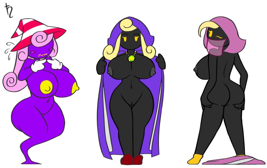 2d 3girls black_body blonde_hair eyes_covered female female_only flashing harvestman_here hood long_hair mario_(series) merlee merluvlee multiple_girls paper_mario pink_hair purple-skinned_female purple_skin simple_background standing veil vivian_(paper_mario) white_background