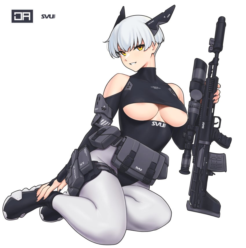 :d ankle_boots areola_slip artist_name black_footwear black_leotard boots bowl_cut breasts bridal_gauntlets bullpup clothes_writing clothing_cutout covered_collarbone dragunov_svu female full_body girls'_frontline gun headgear highres holding holding_gun holding_weapon j_adsen large_breasts leotard original pantyhose parted_bangs parted_lips rifle short_hair shoulder_cutout simple_background sitting smile sniper_rifle solo straight_bangs suppressor svu_(girls'_frontline)_(j_adsen) underboob underboob_cutout very_short_hair weapon white_background white_hair white_pantyhose yellow_eyes yokozuwari