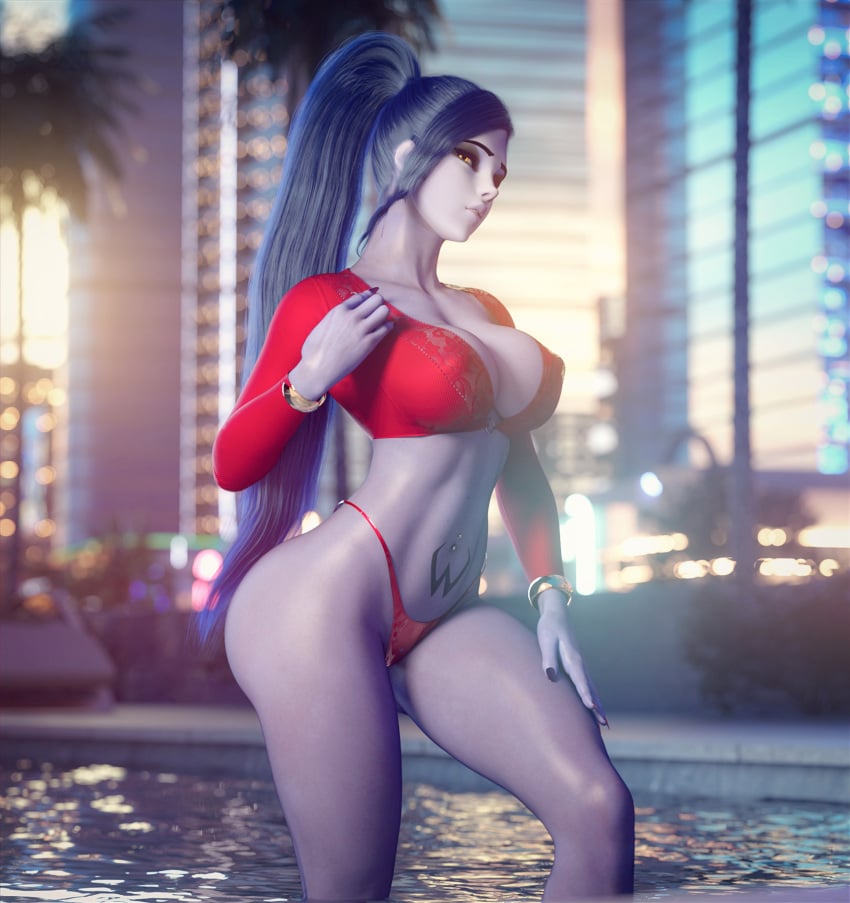 3d abs big_breasts bikini bikini_bottom blizzard_entertainment blue_hair breasts female long_hair muscular muscular_female navel_piercing nipples noahgraphicz overwatch pool purple_hair purple_skin solo swimsuit tattoo thick_thighs widowmaker yellow_eyes