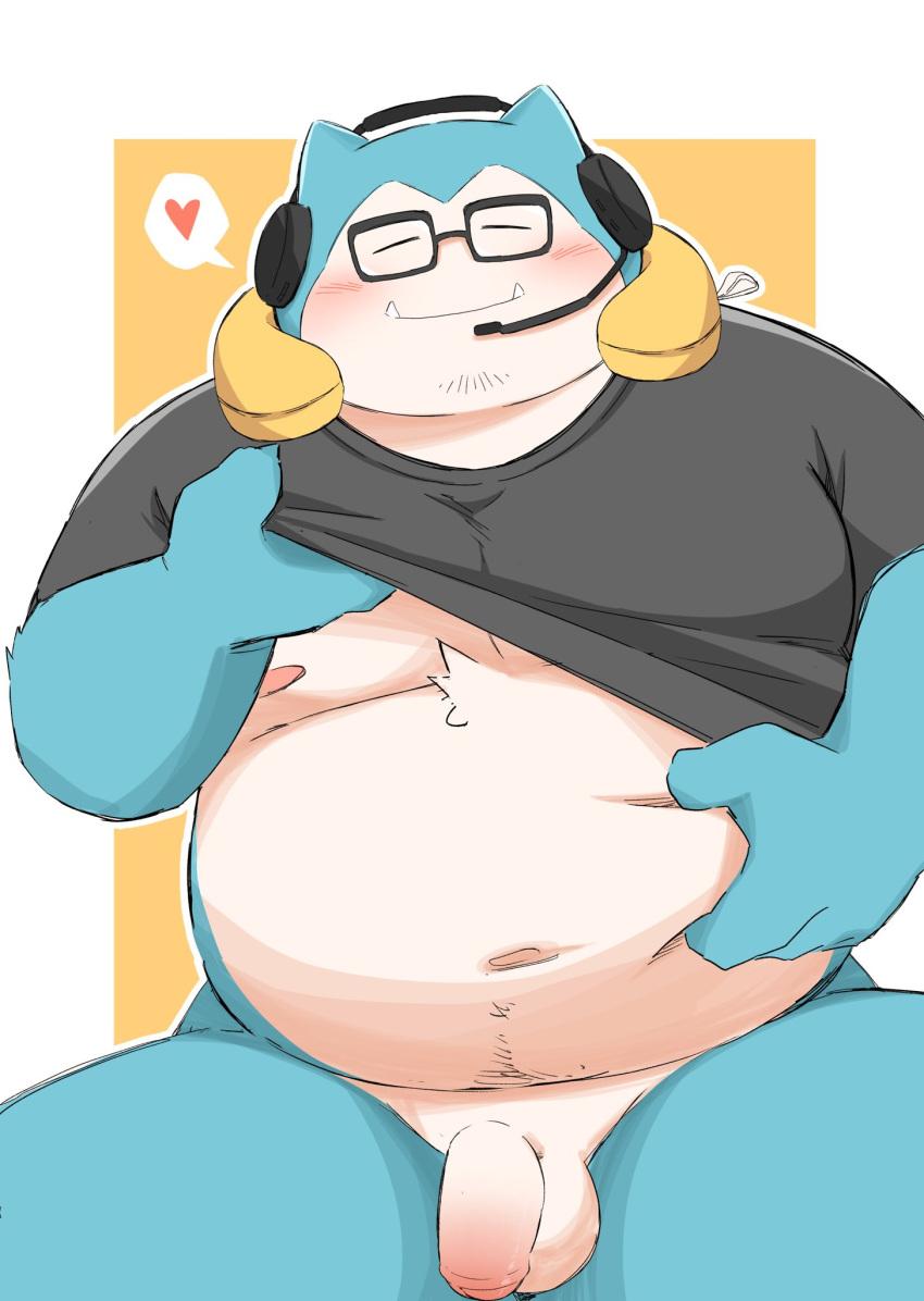 2023 anthro archery045 balls belly big_belly blue_body blush clothed clothing clothing_lift eyewear generation_1_pokemon genitals glasses headphones heart hi_res humanoid_genitalia humanoid_hands humanoid_penis kemono male male_only moobs navel nintendo nipples overweight overweight_male penis pokemon pokemon_(species) shirt shirt_lift snorlax solo topwear