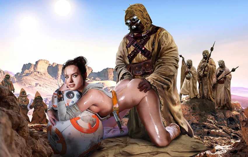 1girls 2d 6+boys all_fours ambiguous_penetration astromech_droid bare_shoulders bb-8 bedroom_eyes big_ass brown_robe color dark-skinned_male day daytime desert doggystyle droid exhibitionism female functionally_nude_female glowing_eyes hair_bun hood_up hooded_robe human human_penetrated interspecies jawa looking_back_at_partner looking_pleasured loving_it medium_breasts narrowed_eyes negisaray no_bra on_model outdoor_sex public_sex realistic rey robot scantily_clad shiny_skin sideboob slim small_breasts small_waist star_wars sweat tagme thick_thighs tusken_raider watching_sex wide_hips