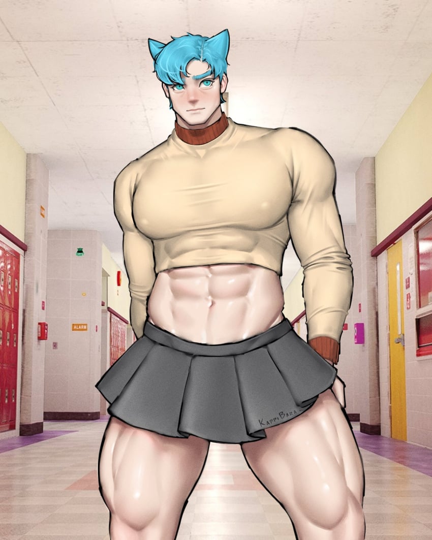 abs ambush_(trap) blue_hair cartoon_network cat_ears clothed clothed_male clothing color colored crossdressing gijinka gumball_watterson gumball_watterson_(human) humanized kappibara male male_only muscles muscular muscular_male no_sex skirt smooth_skin solo solo_male the_amazing_world_of_gumball the_amazing_world_of_gumball_(human) thick_thighs twitter_link what