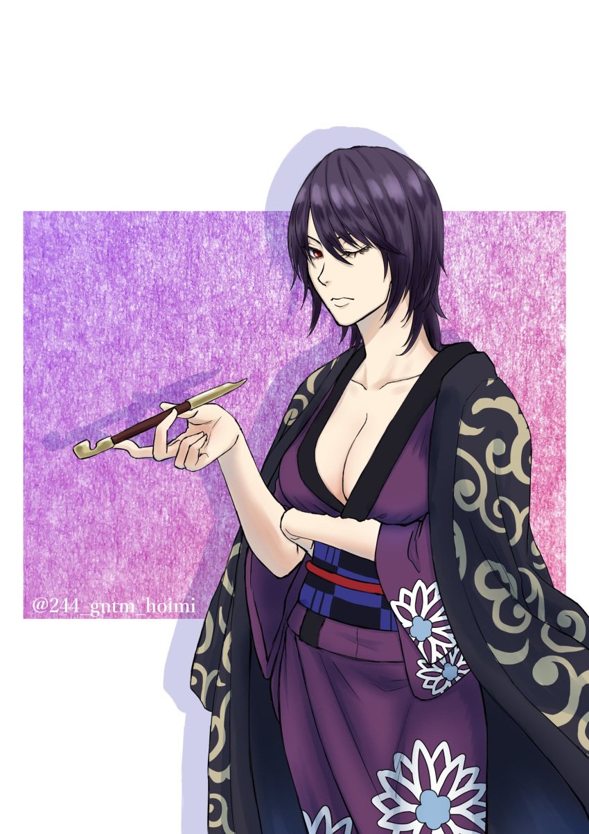 244_gntm_hoimi cleavage dark_hair female female_only fully_clothed genderswap_(mtf) gintama haori japanese_clothes kimono kiseru light_purple_hair looking_at_viewer medium_hair no_bra obi one_eye_closed pipe purple_hair red_eyes rule_63 smoking_pipe solo takasugi_shinsuke