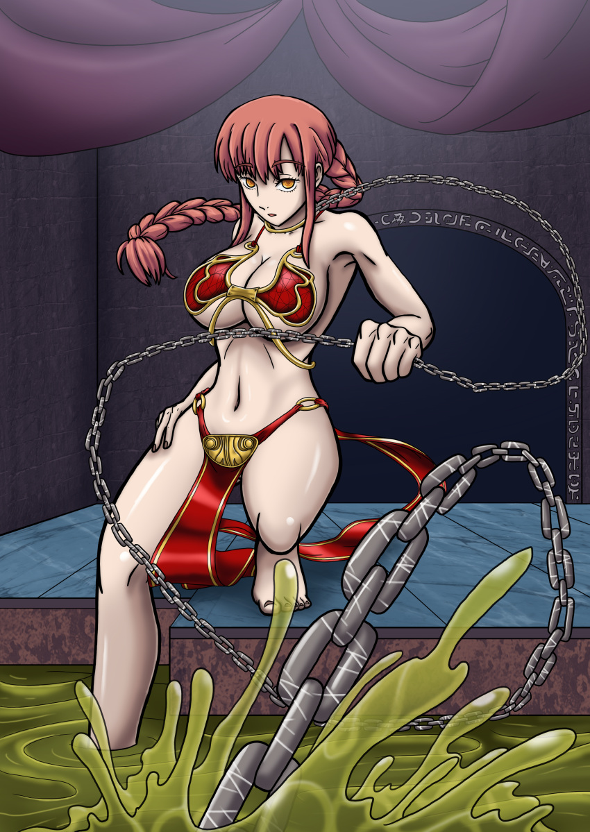 amber_eyes bare_arms bare_legs bare_midriff bare_shoulders bare_thighs barefoot belly_button big_breasts bikini bikini_bottom bikini_top chain_leash chained chained_collar chains chainsaw_man cleavage collar gold_collar golden_collar leash_and_collar loincloth long_hair makima_(chainsaw_man) metal_bikini metal_collar midriff nail_polish navel ponytail red_bikini red_bikini_bottom red_bikini_top red_hair red_loincloth sideboob slave slave_bikini slave_collar slave_leia_(cosplay) slave_outfit slavegirl star_wars thick_thighs underboob zarohidehire