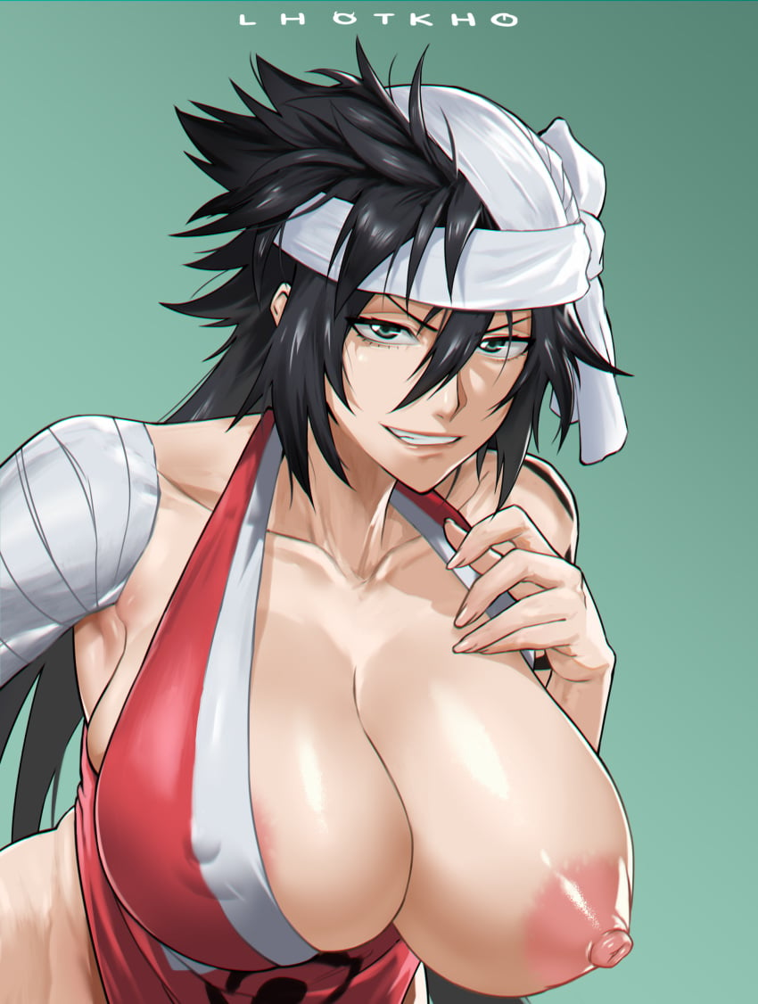 1girls arm_tattoo bandaged_arm bandages big_breasts black_hair bleach breasts female female_only grin huge_breasts kukaku_shiba large_breasts lhotkho looking_at_viewer naughty naughty_face naughty_smile nipples one_breast_out smile solo solo_female solo_focus tattoo turban upper_body voluptuous