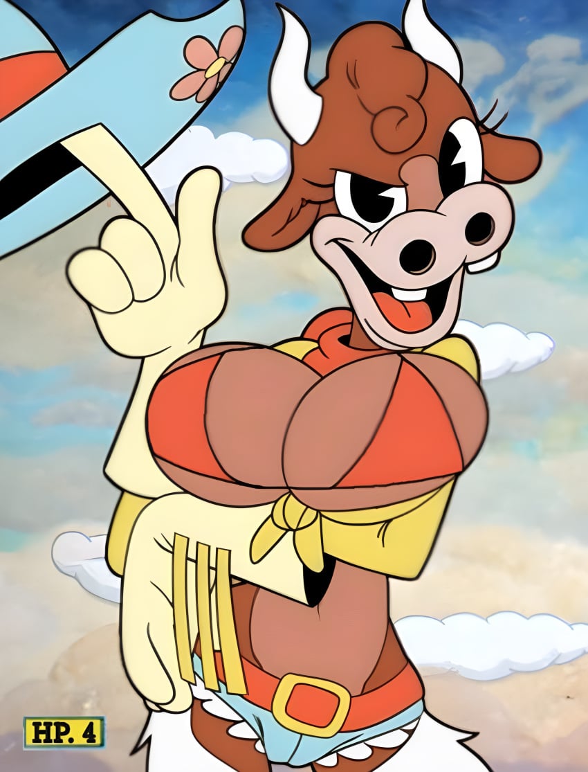 ai_edit anthro big_breasts bikini_top cow cowgirl cuphead_(game) daisy_dukes edit esther_winchester furry tagme thehumancopier