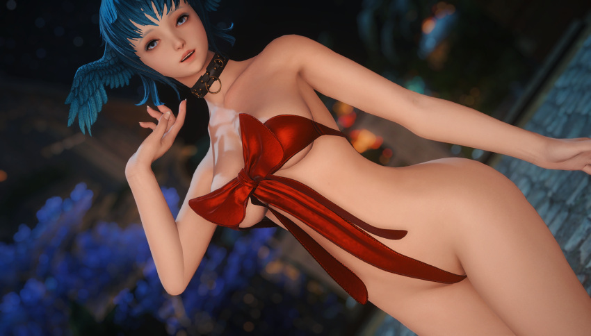 1girls 3d blue_eyes blue_hair christmas_outfit collar final_fantasy final_fantasy_xiv gift_wrapped looking_at_viewer meteion naked naked_female square_enix thick_thighs wings