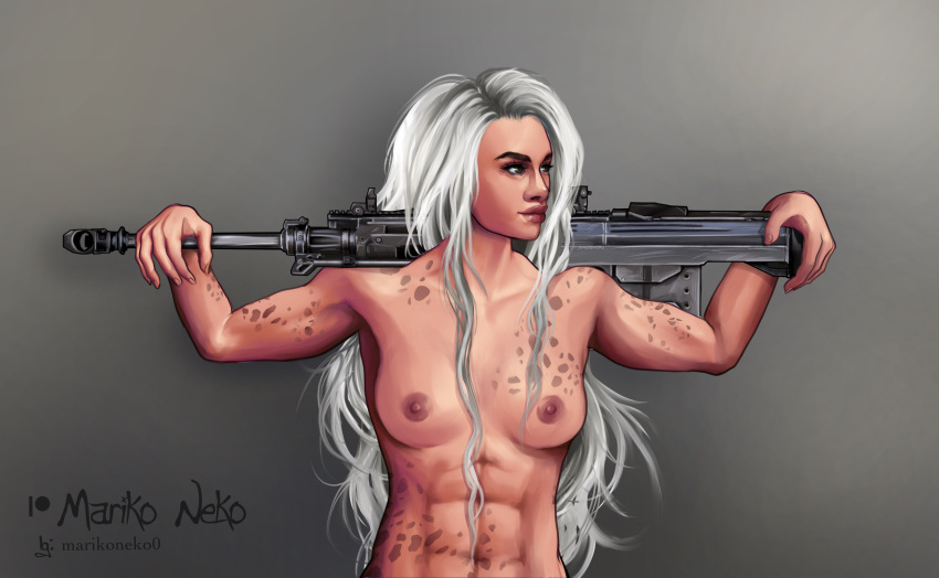 1girls abs blonde_hair bullpup bullpup_squad female female_abs gun lynx_(bullpup_squad) marikoneko marikoneko0 muscular muscular_female naked naked_female nude nude_female rifle sniper sniper_rifle white_hair