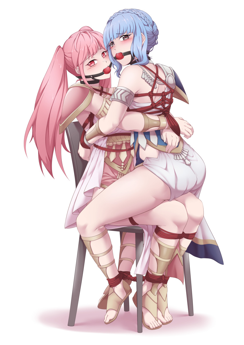 2girls adzuqi ass ball_gag bare_legs bare_thighs blue_hair blush bondage bound_to_chair bound_together braid brown_eyes dancer dancer_(three_houses) dancer_outfit female female_only femsub fire_emblem fire_emblem:_three_houses gag hilda_valentine_goneril light_blue_hair long_hair looking_at_viewer looking_back marianne_von_edmund medium_hair multiple_girls multiple_subs nintendo on_lap pink_eyes pink_hair punishment restrained rope rope_bondage sitting_on_lap thealagator thighs tied_together twintails