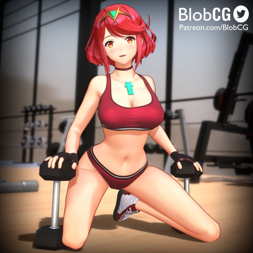 1girls 3d 3d_(artwork) areolae blobcg booty_shorts breasts core_crystal female gym huge_breasts indoors kneeling large_areolae light-skinned_female light_skin nintendo nipples pyra_(xenoblade) red_eyes red_hair short_hair short_shorts shorts sports_bra sportswear xenoblade_(series) xenoblade_chronicles_2