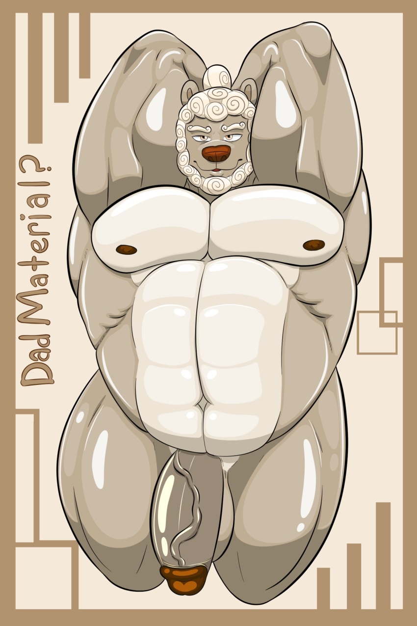 absurd_res anthro balls belly genitals glistening glistening_body hands_behind_head hi_res male musclegut muscular muscular_thighs nipples penis ryan_(ryanburr) ryanburr solo