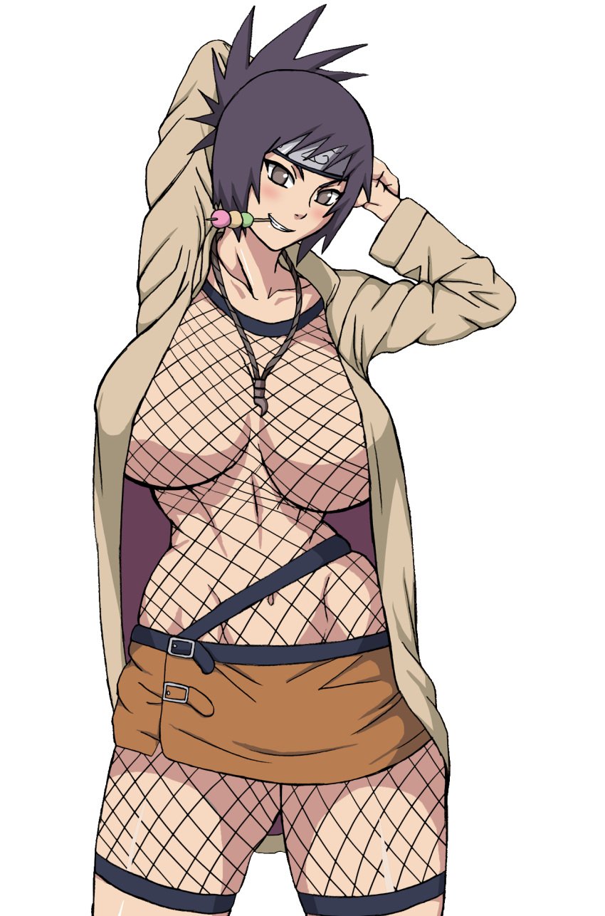 1girls armpits arms_behind_head arms_up belt big_breasts breasts clothed coat curvy dango ecchianimeedits edit female female_only fishnet_bodysuit fishnets food food_in_mouth huge_breasts miniskirt mitarashi_anko naruho naruto naruto_(series) naruto_shippuden necklace no_bra pendant pinup purple_hair revealing_clothes see-through see-through_clothing skirt smile solo solo_focus third-party_edit trenchcoat voluptuous