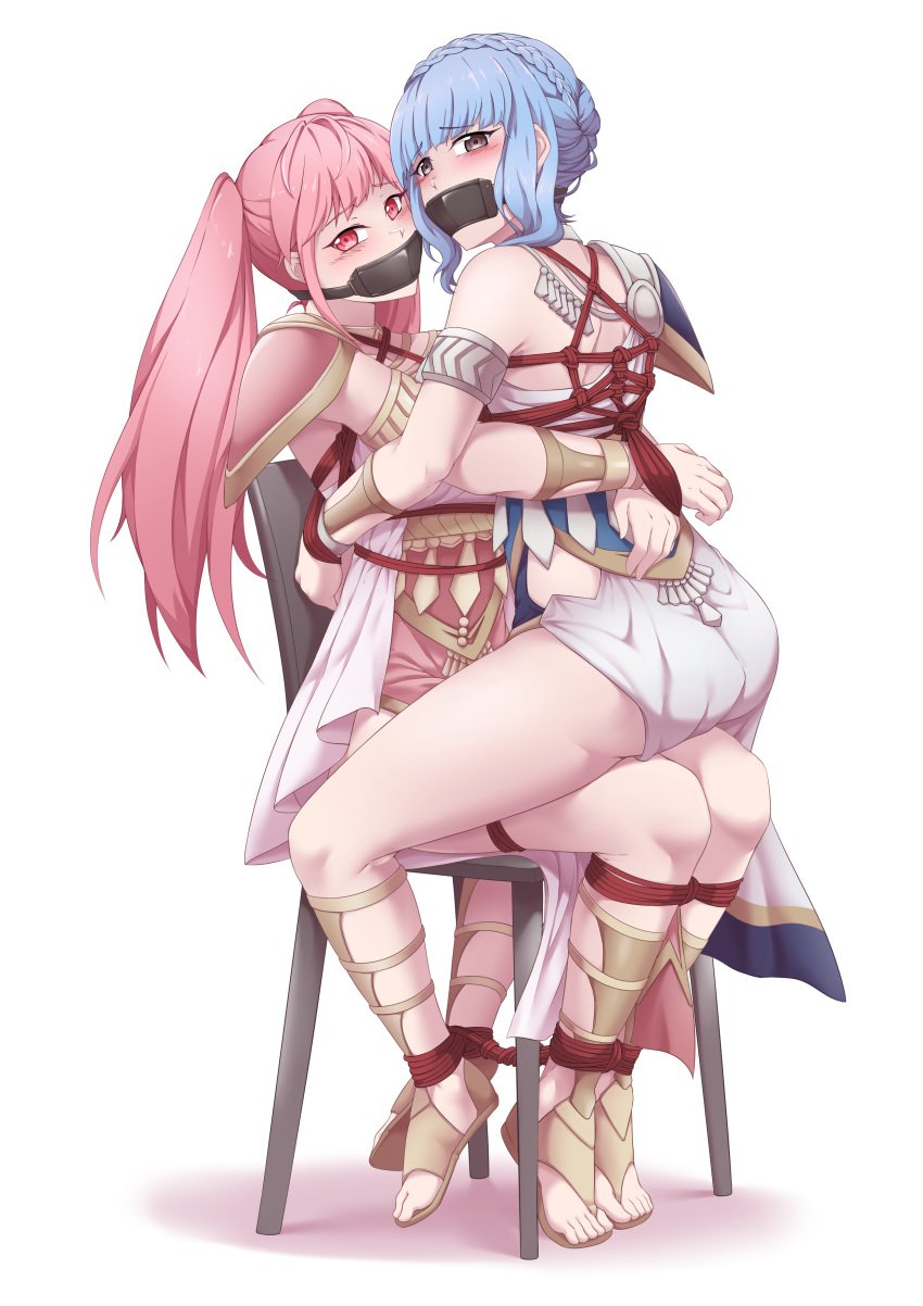 2girls ass bare_legs bare_thighs blue_hair blush bondage bound_to_chair bound_together braid brown_eyes dancer dancer_(three_houses) dancer_outfit female female_only femsub fire_emblem fire_emblem:_three_houses gag hilda_valentine_goneril light_blue_hair long_hair looking_at_viewer looking_back marianne_von_edmund medium_hair multiple_girls multiple_subs nintendo on_lap panel_gag pink_eyes pink_hair punishment restrained rope rope_bondage sitting_on_lap thealagator thighs tied_together twintails