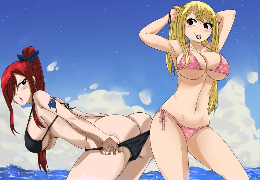 2girls aosenpai2 ass beach blonde_hair blush brown_eyes bubble_butt erza_scarlet fairy_tail female female_only gaston18 huge_breasts large_ass long_hair lucy_heartfilia ponytail red_hair seaside tattoo voluptuous