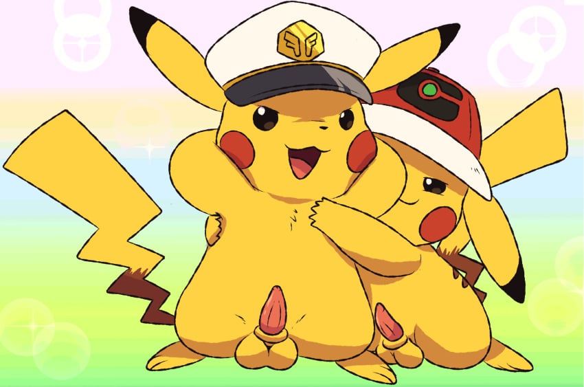 2pokemon ash's_pikachu balls captain_pikachu clothing duo feral generation_1_pokemon genitals hand_on_chest hands_behind_head hat headgear headwear hi_res male male/male mincheeto nintendo penis pikachu pokemon pokemon_(anime) pokemon_(species) pokemon_horizons sparkles tapering_penis