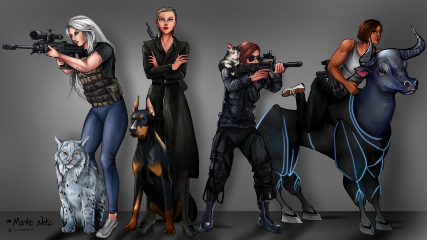 4girls aiming athletic_female bullpup bullpup_squad clothed clothed_variant doberman dobermann feline female female_only glasses guns kurz_(bullpup_squad) lock_(bullpup_squad) lynx lynx_(bullpup_squad) marikoneko marikoneko0 multiple_girls muscular_female rifle rogue_(bullpup_squad) sniper sniper_rifle wallpaper weapons