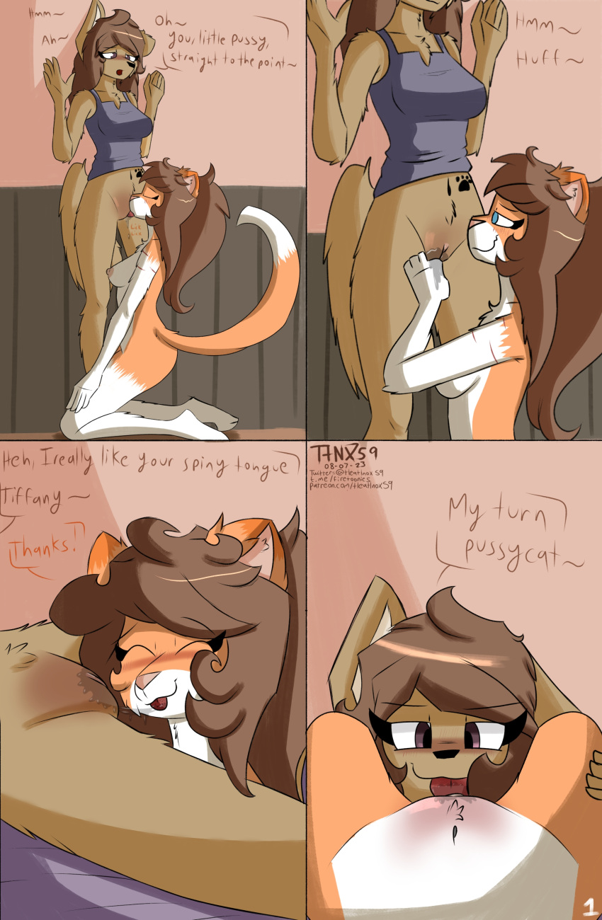 4_panel_comic absurd_res anthro areola aroused aroused_smile belly_tattoo black_nose blue_eyes blush bodily_fluids body_blush bottomless breasts brown_body brown_hair canid canine canis chest_tuft clitoral_hood clitoris closed_eyes clothed clothing comic comic_panel corgee_(tleatlnox59) crouching cunnilingus detailed_background domestic_cat domestic_dog duo felid feline felis female female/female fingering fingers first_person_view fluffy fluffy_tail front_view fur fur_markings genital_fluids genitals hair hi_res kneeling kneeling_oral_position long_hair long_tail looking_at_another looking_at_genitalia mammal markings masturbation multicolored_body navel navel_piercing nipples nude one_ear_up open_mouth oral orange_body paws piercing pink_nipples pink_nose pubes purple_eyes pussy pussy_blush pussy_juice raised_arm scar sex side_view sitting smile smiling_at_partner speech_bubble standing tail tattoo text tiffany_(tleatlnox59) tleatlnox59 tongue tongue_out tuft two_tone_body vaginal_penetration