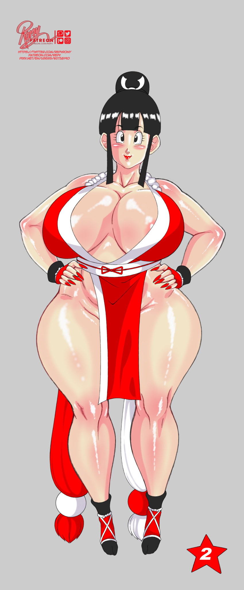 1girls big_breasts black_hair blush blushing busty chichi dragon_ball dragon_ball_z dress eyebrows eyelashes fatal_fury female female_only fingernails hair hair_bun huge_breasts king_of_fighters large_breasts light-skinned_female light_skin looking_at_viewer mai_shiranui_(cosplay) milf plump red_fingernails repv solo solo_focus thick thick_thighs thighs watermark wide_hips