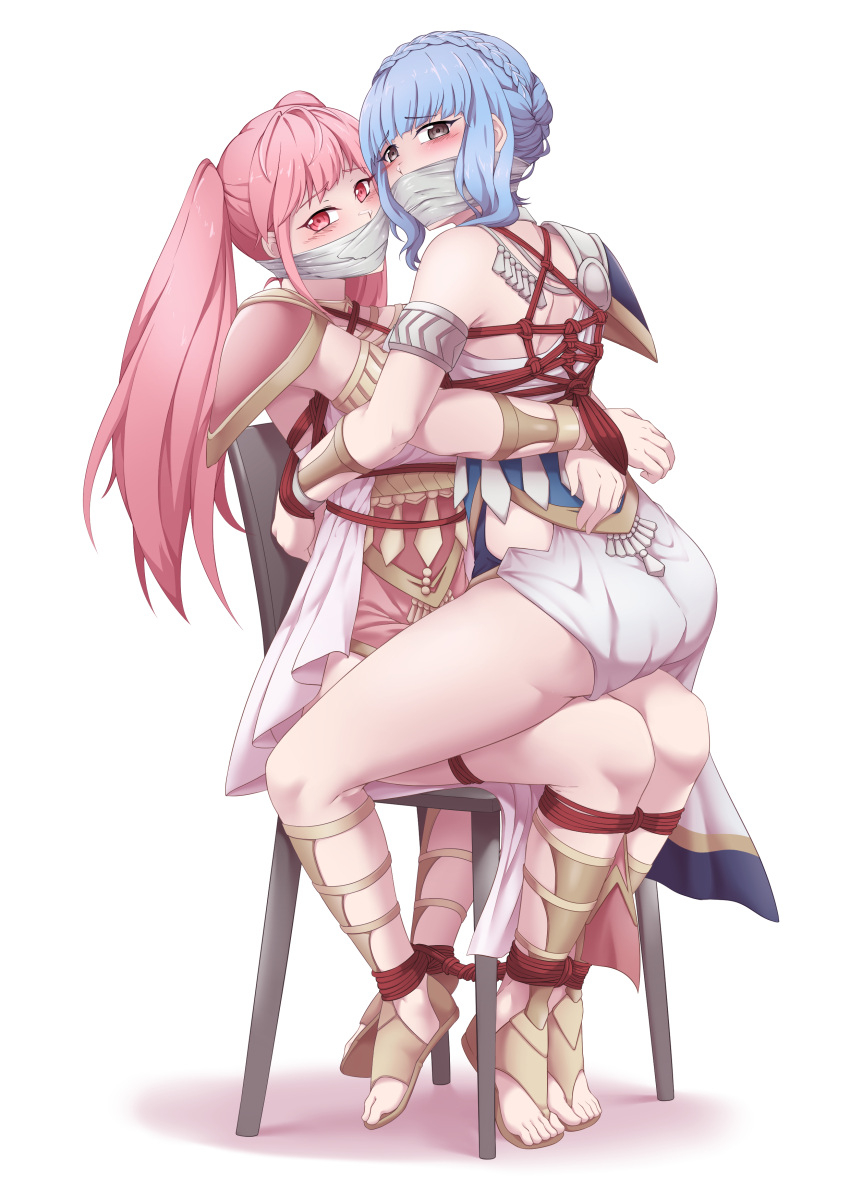 2girls adzuqi ass bare_legs bare_thighs blue_hair blush bondage bound_to_chair bound_together braid brown_eyes dancer dancer_(three_houses) dancer_outfit female female_only femsub fire_emblem fire_emblem:_three_houses forced_partners gag hilda_valentine_goneril light_blue_hair long_hair looking_at_viewer looking_back marianne_von_edmund medium_hair multiple_girls multiple_subs nintendo on_lap pink_eyes pink_hair punishment restrained rope rope_bondage sitting_on_lap tape_gag thealagator thighs tied_together twintails