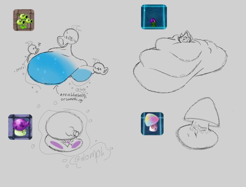 altforfatart belly big_belly fat fat_fetish full_of_water fume-shroom_(pvz) fungi fungus hypno-shroom_(pvz) hypno_shroom mushroom overweight peashooter peashooter_(pvz) plant plants plants_vs_zombies pvz_2 shrinking_violet shrinking_violet_(pvz) stomach sweat sweating threepeater_(pvz) water water_inflation