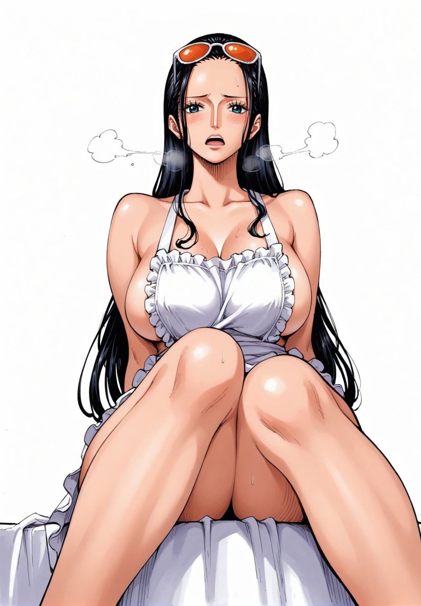 ai_generated alluring almost_naked almost_nude apron apron_only big_breasts black_hair blue_eyes blush breasts female female_only glasses long_hair looking_at_viewer nico_robin one_piece open_mouth post-timeskip seducing seduction seductive seductive_body seductive_eyes seductive_gaze seductive_look seductive_mouth seductive_pose seductive_smile shiny_hair shiny_skin steamy_breath sunglasses sunglasses_on_head voluptuous voluptuous_female yashin