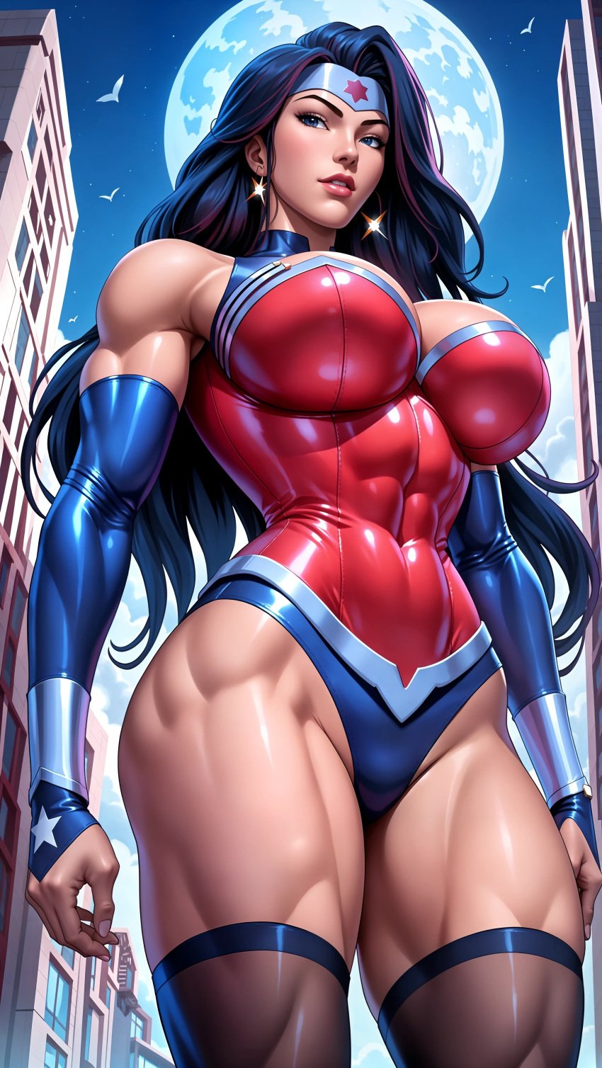 abs ai_generated big_breasts breasts city cityscape dc dc_comics female female_focus from_below huge_breasts large_breasts looking_at_viewer muscle muscles muscular muscular_female sky4maleja thick_thighs tight_clothes tight_clothing toned toned_arms toned_back toned_belly toned_body toned_female toned_stomach wonder_woman wonder_woman_(series)