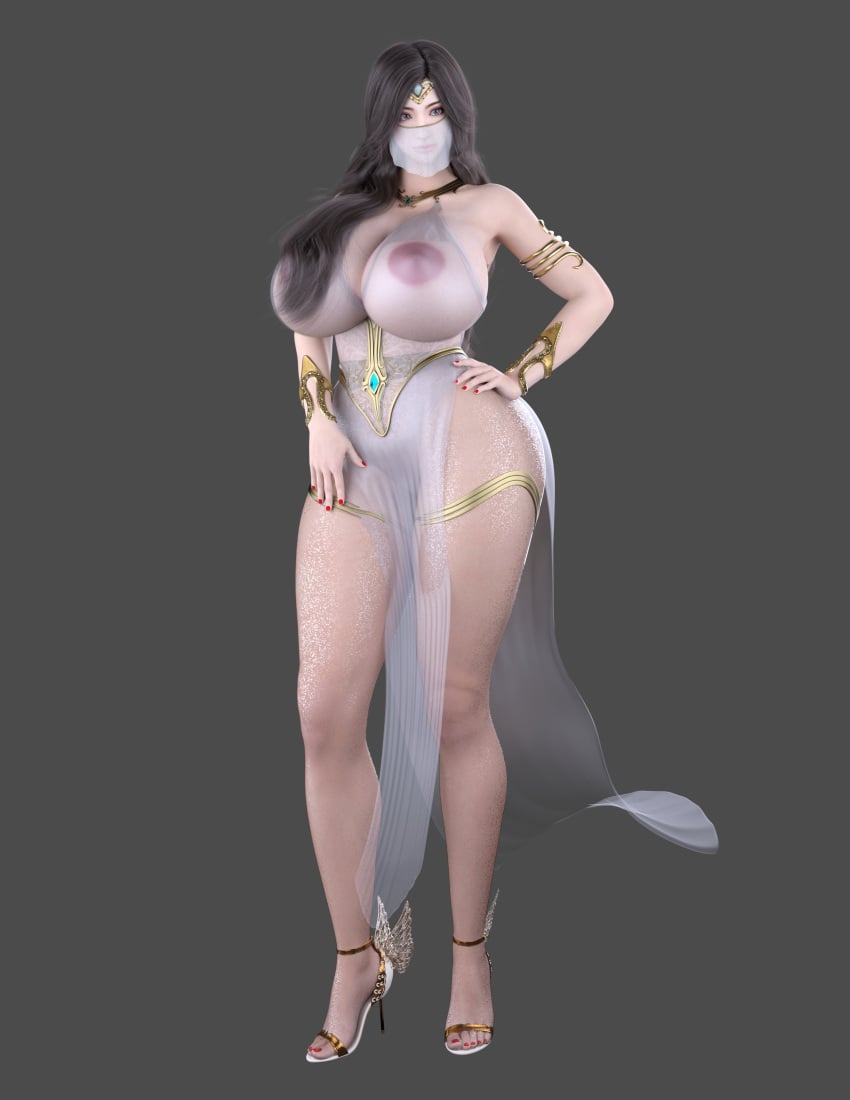 3d artist_name big_breasts black_hair circlet dress gold_(metal) gold_armlet gold_jewelry green_eyes hand_on_hip high_heels large_ass large_breasts long_hair red_nails sheer thick_thighs veil