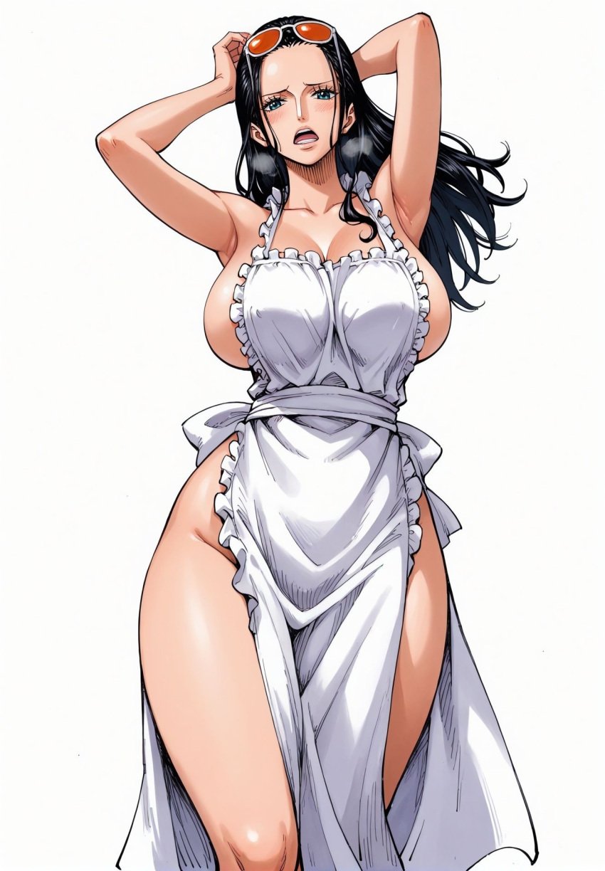 ai_generated alluring almost_naked almost_nude apron apron_only big_breasts black_hair blue_eyes blush breasts female female_only glasses long_hair looking_at_viewer nico_robin one_piece open_mouth post-timeskip seducing seduction seductive seductive_body seductive_eyes seductive_gaze seductive_look seductive_mouth seductive_pose seductive_smile shiny_hair shiny_skin steamy_breath sunglasses sunglasses_on_head voluptuous voluptuous_female yashin