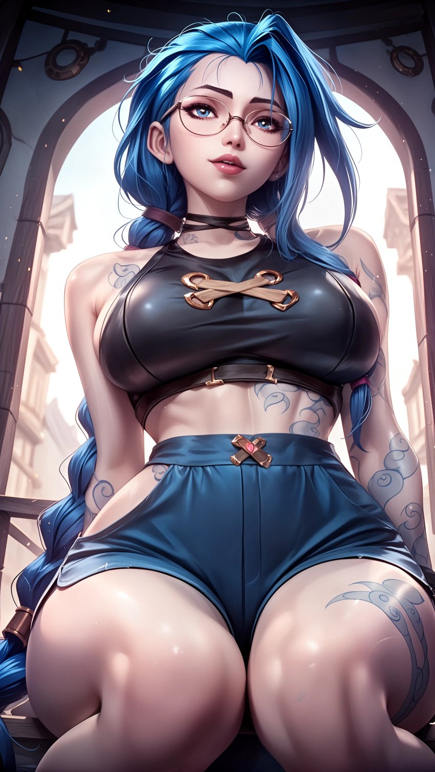 1girls ai_generated arcane arcane_jinx bare_shoulders big_breasts bimbo blue_hair breasts child_bearing_hips curvaceous curvaceous_body curvaceous_female curvaceous_figure curvaceous_hips curvaceous_thighs curvy curvy_body curvy_female curvy_figure curvy_hips curvy_thighs female female_focus female_only from_below glasses hourglass_figure jinx_(league_of_legends) large_breasts league_of_legends lips lipstick looking_at_another midriff riot_games seduction seductive seductive_body seductive_gaze seductive_look seductive_pose shiny shiny_clothes shiny_hair shiny_skin short_shorts sitting sky4maleja solo solo_female solo_focus tattoo tattoo_on_arm tattoos thick thick_legs thick_thighs very_long_hair