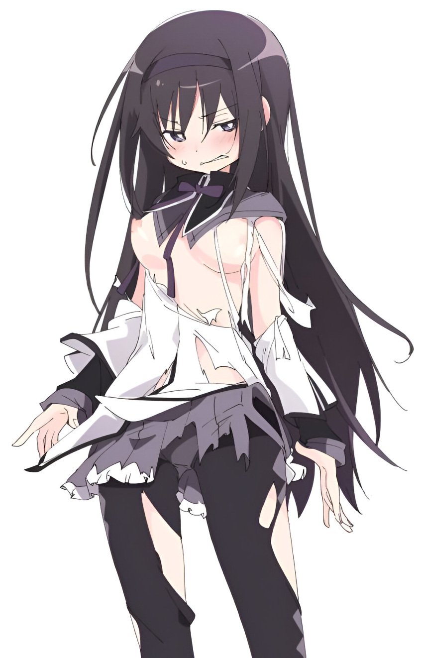 akemi_homura angry black_eyes black_hair blush breasts detached_collar hairband ixy long_hair mahou_shoujo_madoka_magica nipples no_bra skirt small_breasts sweatdrop thighs torn_clothes