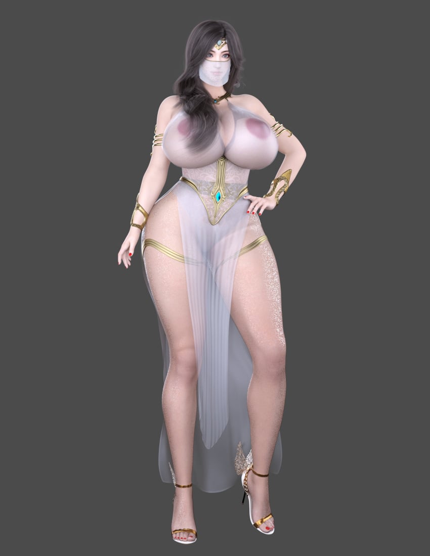 3d artist_request big_breasts black_hair circlet dress gold_(metal) gold_armlet gold_jewelry green_eyes hand_on_hip high_heels large_ass large_breasts long_hair red_nails sheer thick_thighs veil