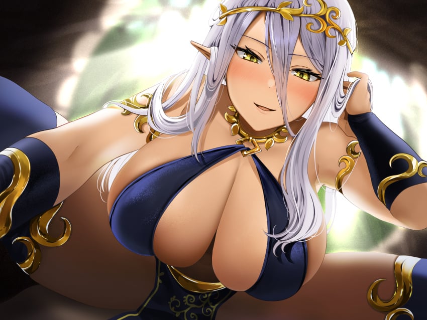 armlet big_breasts blush circlet cleavage dress elf grey_hair highres jewelry large_breasts long_hair original pelvic_curtain pointy_ears smile solo tan thighhighs yellow_eyes yunamaro