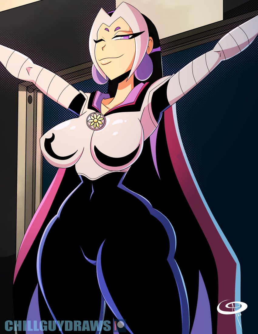 1girls big_breasts black_hair blackfire breasts cartoon_network dc dc_comics frostbiteboi komand'r large_breasts looking_at_viewer purple_eyes solo teen_titans thighs warner_brothers wide_hips