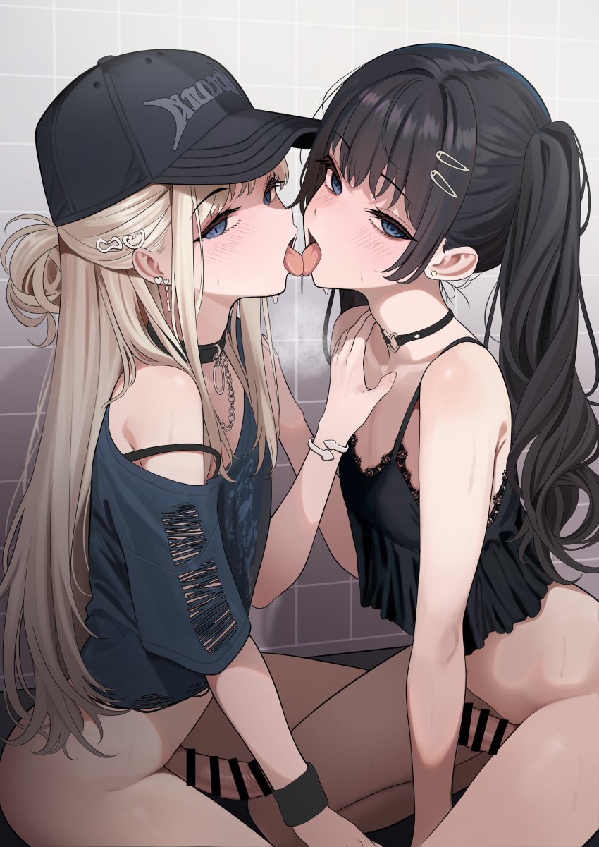 2boys absurdres arm_support bar_censor baseball_cap black_camisole black_choker black_hair black_hat black_wristband blonde_hair blue_eyes blue_shirt bottomless bra_strap bracelet camisole censored choker commentary crossdressing earrings erection femboy flat_chest french_kiss gay hair_ornament hairclip half-closed_eyes hand_on_another's_chest hat heart heart_earrings heart_o-ring highres jewelry kissing light_blush long_hair looking_at_viewer male_focus multiple_boys o-ring o-ring_choker open_mouth original otoko_no_ko penis saliva seiza shirt sitting strap_slip stud_earrings sweat tile_wall tiles tongue tongue_out turisasu twintails very_long_hair wristband yaoi