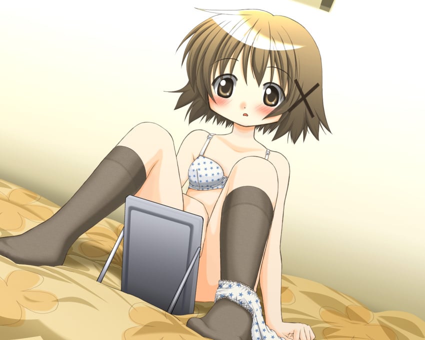 2000s_(style) bed blush bra brown_eyes brown_hair dutch_angle exploration hair_ornament hidamari_sketch kahis_(sweetbriar) kneehighs mirror panties panties_around_leg underwear underwear_only yuno