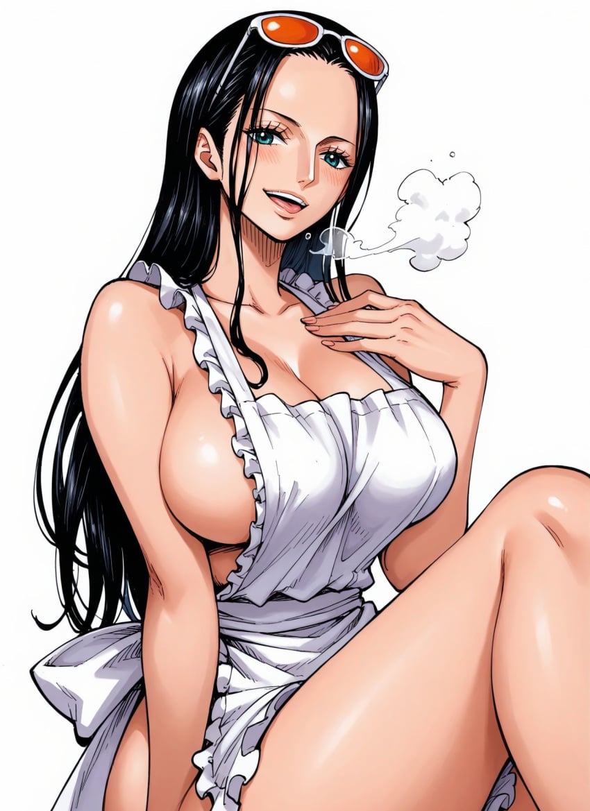 ai_generated alluring almost_naked almost_nude apron apron_only big_breasts black_hair blue_eyes blush breasts female female_only glasses long_hair looking_at_viewer nico_robin one_piece open_mouth post-timeskip seducing seduction seductive seductive_body seductive_eyes seductive_gaze seductive_look seductive_mouth seductive_pose seductive_smile shiny_hair shiny_skin steamy_breath sunglasses sunglasses_on_head voluptuous voluptuous_female yashin