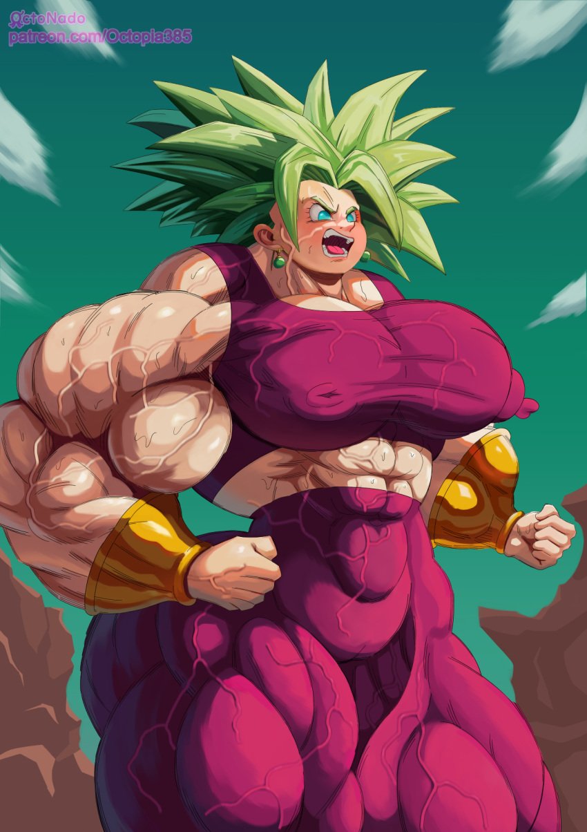 big_areola dragon_ball_super female_focus flexing flexing_bicep gym_clothes huge_thighs hyper_muscles kefla kefla_(dragon_ball) leggings muscle_girl muscle_growth octonado painting puffy_nipples roidgut solo_female super_saiyan tight_clothes tight_pants veiny_muscles