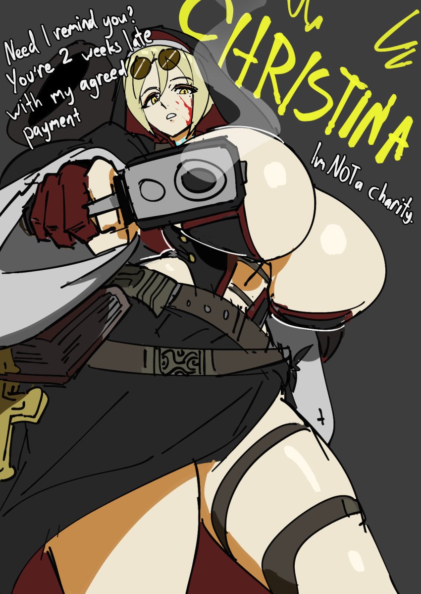 1girls bathsalts1 blonde_hair blood blood_on_face english_text gun huge_breasts looking_at_viewer nun original original_character pov text thick_thighs thigh_strap weapon yellow_eyes