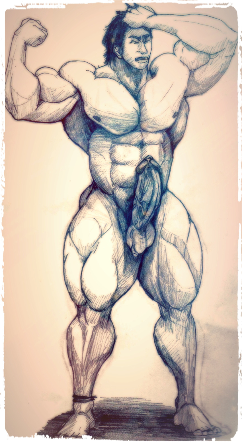 1boy abs bodybuilder completely_nude erection flexing flexing_bicep monochrome muscular_male pecs penis thighs